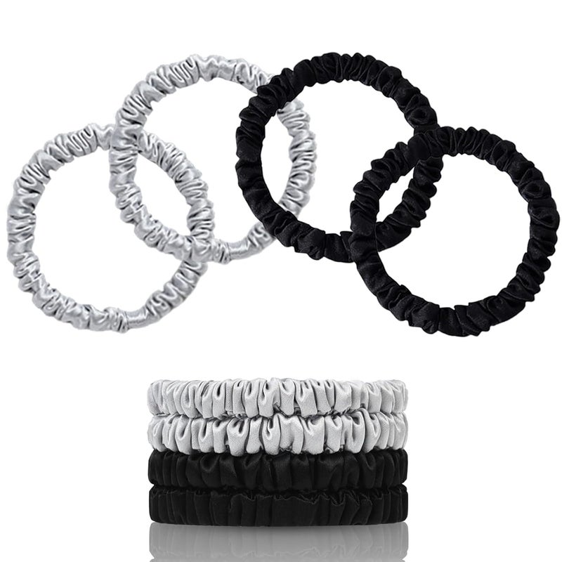 SEMRUE 100% Mulberry Silk Scrunchies, 4 Count (Black, Silver Gray) - 22 Momme Pure Mulberry Silk, Elastic Hair Ties, Protects Hair from Damage, Suitable for Various Hairstyles, Fashion Item Choice - Image 1